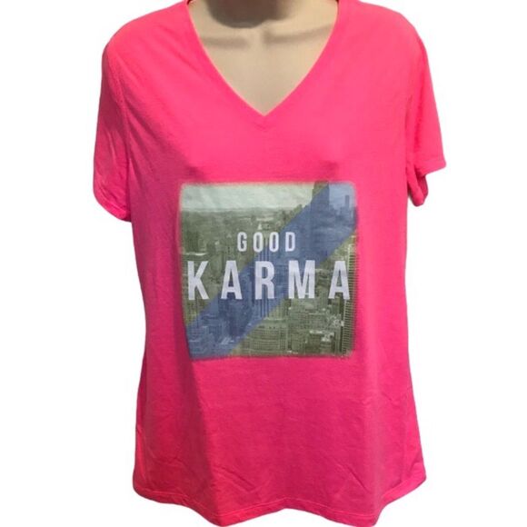Neon Bubblegum Pink Good Karma Cityscape Tee T-Shirt Short Sleeve Sz L (12-14) - Picture 1 of 7